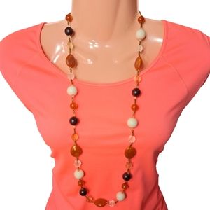 Handmade Women's Acrylic Brown & Beige Stones‎ Long Necklace 18 Inches